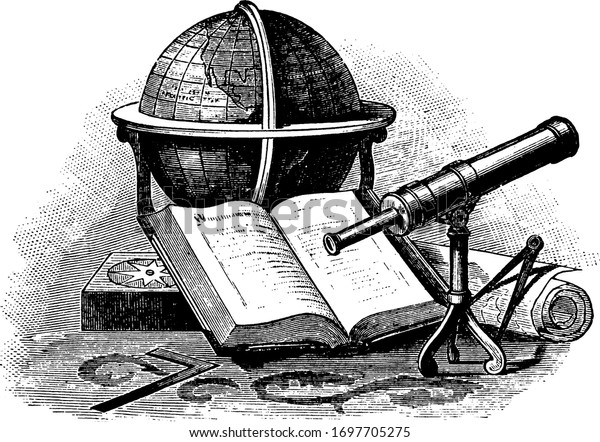 Still life
with globe includes telescope, divider, rolled map, book, vintage
line drawing or engraving
illustration