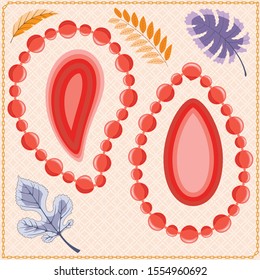 Still life of gold, amber beads and ruby, decorated with autumn leaves. Light background.