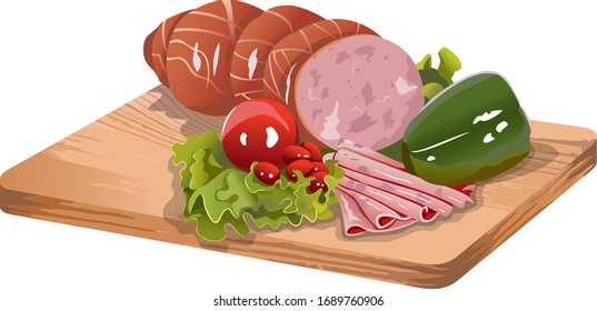 Still life with ham and vegetables on kitchen board, vector illustration