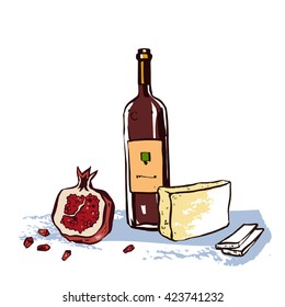Still life hand drawn food illustration with red wine, cheese and pomegranate. Can be used as illustration for restaurant menu, magazine article about food, flyer, postcard, placemats.