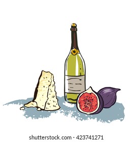 Still life hand drawn food illustration with red wine, cheese and pomegranate. Can be used as illustration for restaurant menu, magazine article about food, flyer, postcard, placemats.