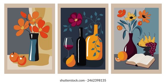 Still life, a hand-painted vector wall set. Flowers in a vase, fruits, a book, wine, a glass. Artistic drawing for posters, postcards, covers, wall decorations, prints, wallpapers.