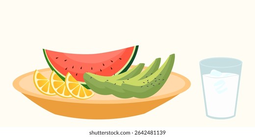 Still life with healthy food such as snacks, summer fruits, glass of milk. Composition with meals and healthy drinks isolated on white background.