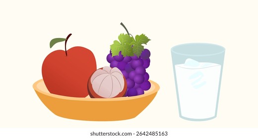 Still life with healthy food such as snacks, summer fruits, glass of milk. Composition with meals and healthy drinks isolated on white background.