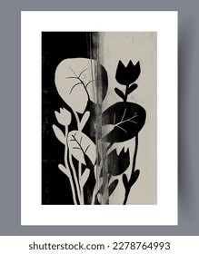 Still life herbs bohemian leaves wall art print. Printable minimal abstract herbs poster. Contemporary decorative background with leaves. Wall artwork for interior design.