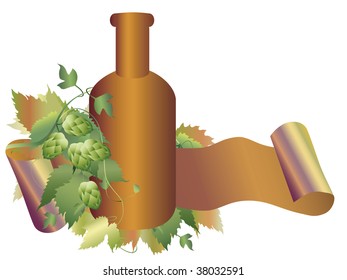 still life with hops plant, bottle and ribbon