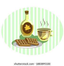 Still life with hot cup of tea and lemon plate with waffles and bottle of maple syrup 