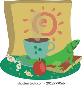still life with a hot cup of tea, a pillow with a sun sign, sweets, a book and a live green iguana