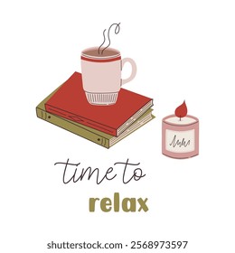 Still life with hot drink, books, scented candle. Cozy home objects, concept of hygge lifestyle. Inviting atmosphere encourages relaxation and unwinding. Retro style hand drawn vector illustration.