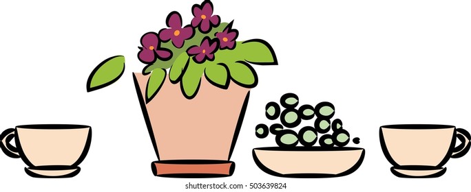 Still Life with houseplant in flowerpot and cup