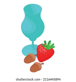 Still life icon isometric vector. Stemmed glass, red strawberry and brown acorn. Beautiful composition, glass goblet, oak nut, strawberri