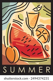 Stillleben Illustration mit Sommerfrüchten und Glas Saft. Wassermelone künstlerische Vektorgrafik Grafik. Saisonale Sommerdesign-Banner.