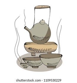 Still life image Chinese of tea-drinking, Teapot, cups.  Colorful hand drawn vector stock illustration.