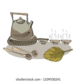 Still life image Chinese of tea-drinking, Teapot, cups, spoons.  Colorful hand drawn vector stock illustration.