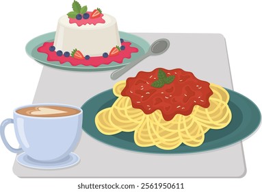 Still life with Italian dishes for lunch. Spaghetti, panna cotta with berries and cappuccino coffee