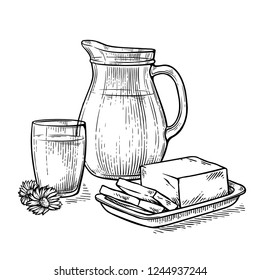 still life jug and a glass of milk next to the cheese and flower vector illustration