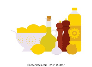 Still life at kitchen- olive oil, lemons in colander, sunflower oil, vegetables, spices. Cooking, preparing food, tasty meal, culinary workshop. Minimalist vector illustration. Clean and simple style