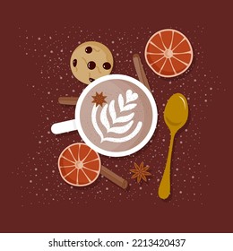 Still life with latte art top view. Cup of coffee with milk with teaspoon, chocolate cookie, dry oranges, stick cinnamon, star anise. Cozy atmosphere in autumn. Vector illustration, flat design