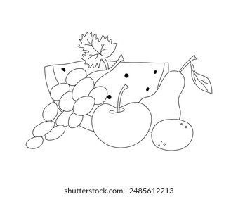 Still life. Linear drawing of fruit, still life. The concept of proper nutrition. Harvest. Summer season. EPS10
