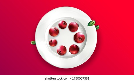 Still life of lingonberries arranged in a circle on a white plate.