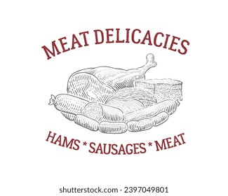 Still life made from sausage, meat, and meat delicacies, drawing in graphic style, as a mockup for a design element for label.