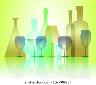 Still life of multi-colored transparent dishes with bottles and glasses.