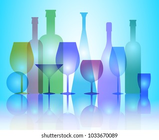 Still life of multi-colored transparent dishes with bottles and glasses.