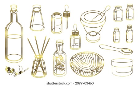 Still life of objects for oromotherapy and relaxation: herbs, oils, bottles, infusions, salt, flowers. Drawn with a gold line