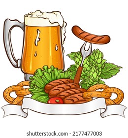 Still life of Oktoberfest beer party. Vector illustration with a glass of beer, pretzel, hop cones and ribbon isolated on white. Pub, restaurant and bar design with space for text