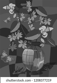 Still life in the old style with flowers and insects, drawn by hand. Vector illustration.