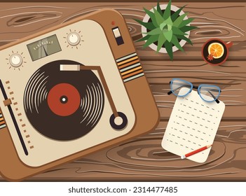 Still life with old vintage vinyl turntable, vector illustration, top view