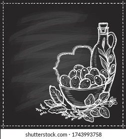 Still life with olives and a bottle of olive oil, hand drawn graphic vector illustration on a chalkboard