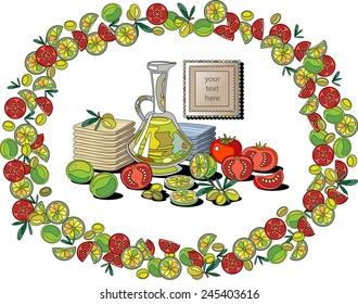 Still life with olives, tomatoes and limes in oval frame