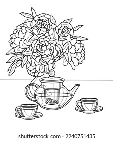Still life on the table. Vase with flowers, teapot and cups. Black and white vector image. Coloring.