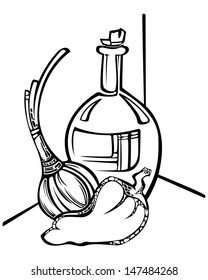 Still life with onion, pepper and bottle