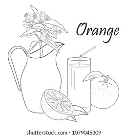 still life from orange, orange flowers and juice