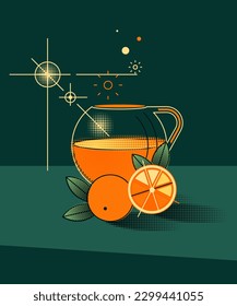 Still Life with Orange Juice and orange Citrus Fruits in Geometric Style - Abstract Vector Illustration in Fresh and Modern Design