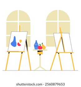 Still Life Painting Setup With Easels And Objects In Flat Vector Illustration Symbolizing Art, Creativity, And Fine Arts, Isolated On White Background