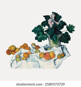 Still life painting of a vase with flowers and scattered fruits on a draped cloth. Vibrant colors and classic composition create a timeless still life scene. Vintage fruit illustration vector.