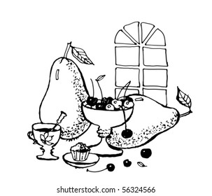 Still life with Pears,  Cherry and  Cup