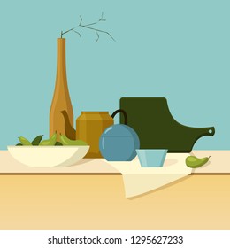 Still life with pears, jars, cup, bottle,cutting desk and teapot. Poster, postcard, cartoon flat vector illustration