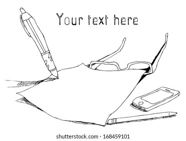Still life with a pen, sheet of paper and mobile phone