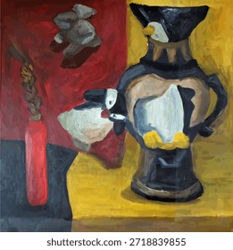 Natureza morta. Pinguim. Vaso. Ilustração vetorial. Cores amarela, branca e vermelha.