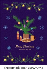 Still life with a pine branches, candles, cookies and a cup of hot drink.
Colorful vector New Year and Christmas card with lettering on textured dark background with pine branches,stars,snowflakes.