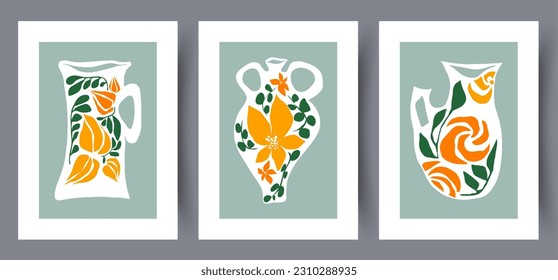 Stillleben Pitcher Blumenskizzen Wandkunst drucken. Printable minimale abstrakte Pitcher Poster. Kollektion, Paket. Wandbilder für Innenarchitektur. Zeitgenössischer dekorativer Hintergrund mit Skizzen.