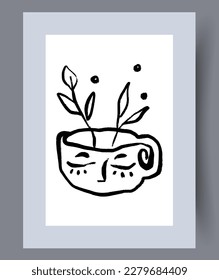 Still life plant mug face wall art print. Printable minimal abstract plant poster. Wall artwork for interior design. Contemporary decorative background with face.