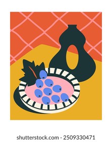 Still life poster. Aesthetic cover with vase and grapes. Minimalistic creativity and art. Decor and interior elements. Comfort and coziness. Trendy leaflet and booklet. Flat vector illustration