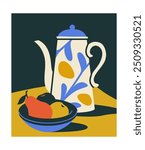 Still life poster. Ceramics teapot with bowl and pears. Minimalistic creativity and art. Wall Decor and interior elements. Comfort and coziness. Cover or banner. Flat vector illustration