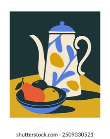 Still life poster. Ceramics teapot with bowl and pears. Minimalistic creativity and art. Wall Decor and interior elements. Comfort and coziness. Cover or banner. Flat vector illustration