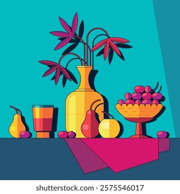 Still life poster. Leaves in vase near fruits in bowl. Abstract drawing style. Bright colored cartoon flat vector illustration.